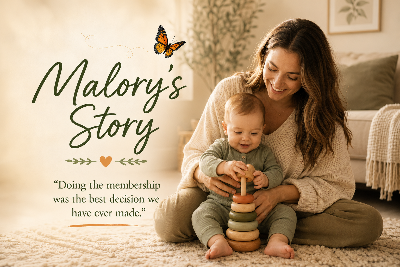 : Illustrative image of a mother smiling as her baby plays with a wooden stacking toy in a softly lit family room, with a butterfly and the words “Malory’s Story”. The people pictured are not the family featured in the story.